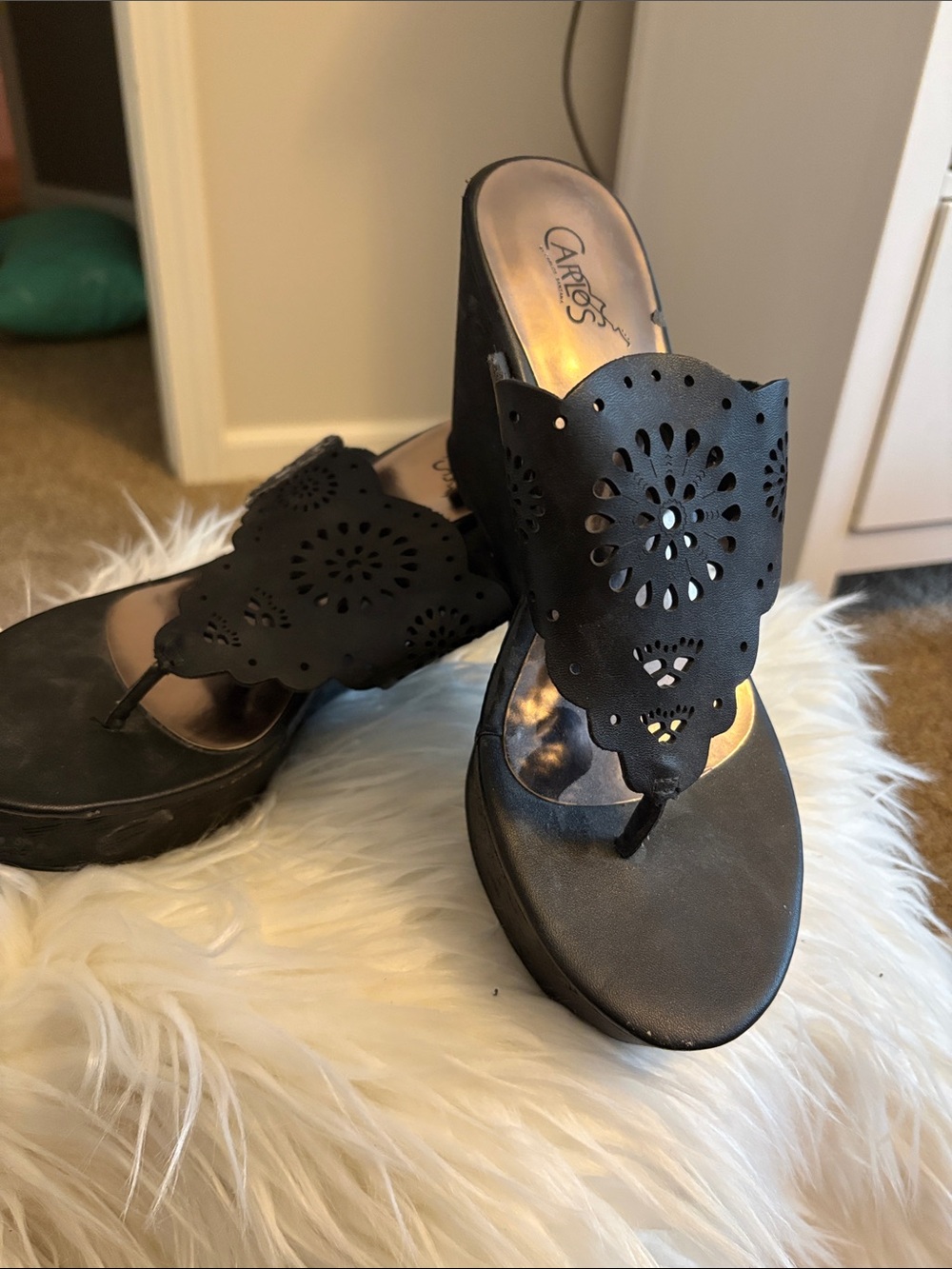 Carlos by Carlos Santana Black Laser-Cut Wedge Thong Mules